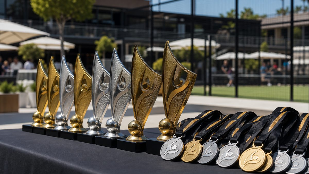 Copas, trofeos y medallas personalizadas de un torneo deportivo sobre la mesa de entrega
